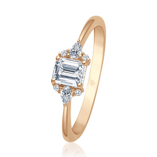 Verlobungsring Faithful mit Diamant im Emerald Cut, Tropfen-Diamanten und Brillanten in Roségold