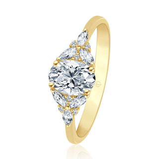 Verlobungsring Blütenform mit ovalem Diamanten in Gelbgold